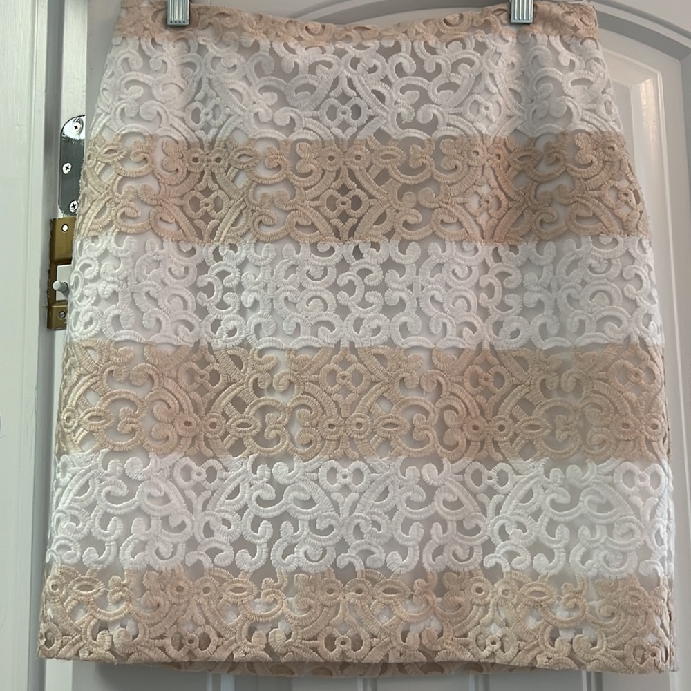 Beautiful cream and white striped lace skirt with white lining. Side zipper.